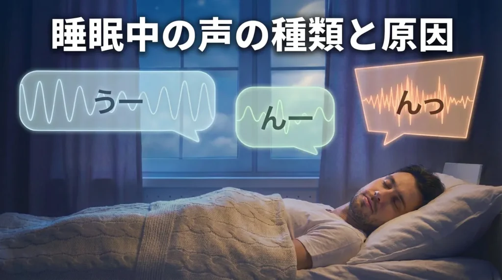 睡眠中に「うー」「んー」「んっ」といった声が出る原因や声の種類を示したイメージ画像
