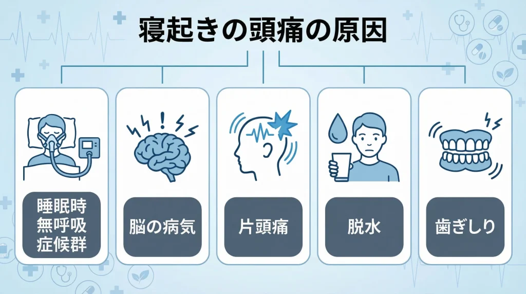 寝起きの頭痛の主な原因として、睡眠時無呼吸症候群・脳の病気・片頭痛・脱水・歯ぎしりを示した図