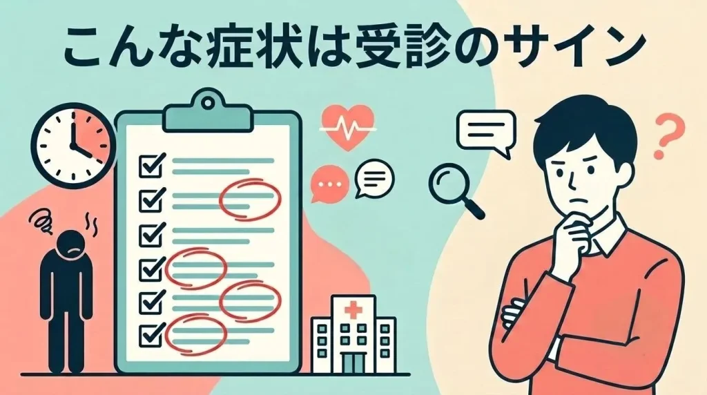 早朝覚醒で受診を検討する症状をセルフチェック表で確認する男性のイラスト