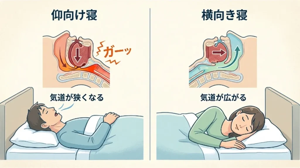 仰向け寝では気道が狭くなり、横向き寝では気道が広がることを示した比較イラスト