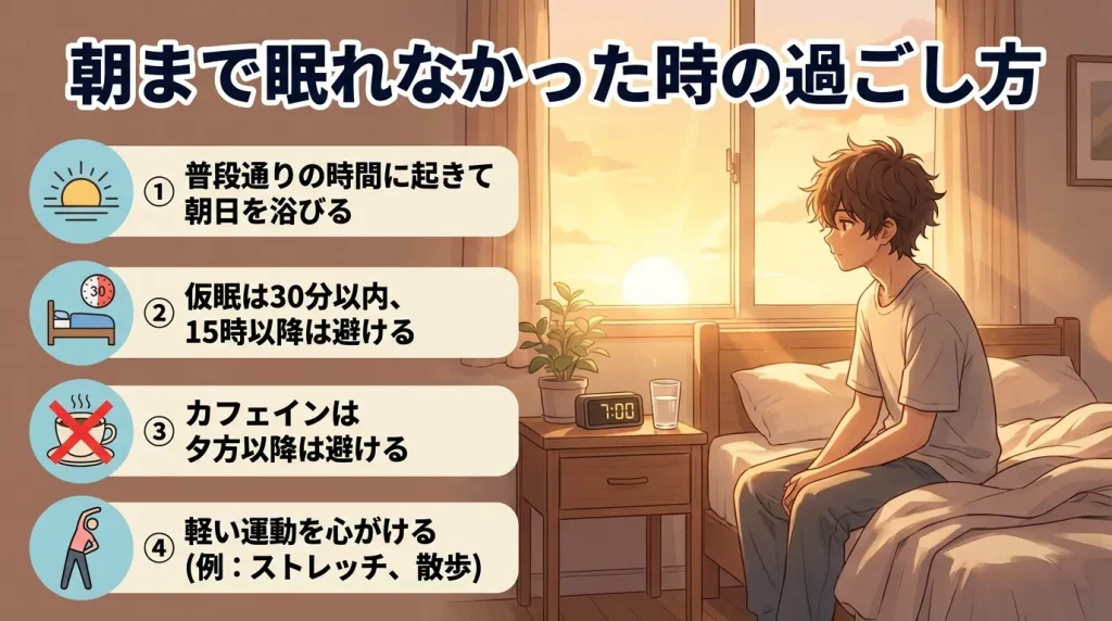 眠れないまま朝になった時の過ごし方として、朝日を浴びることや仮眠、カフェイン、軽い運動のポイントを示した画像