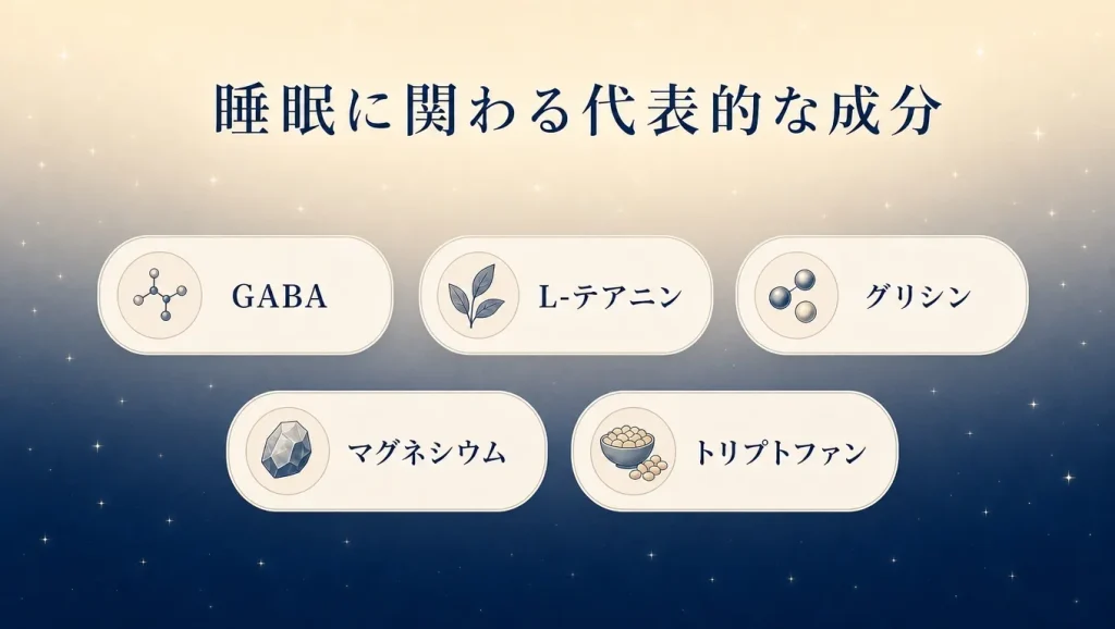 睡眠の質に関わるGABA・L-テアニン・グリシン・マグネシウム・トリプトファンなどの代表的な成分