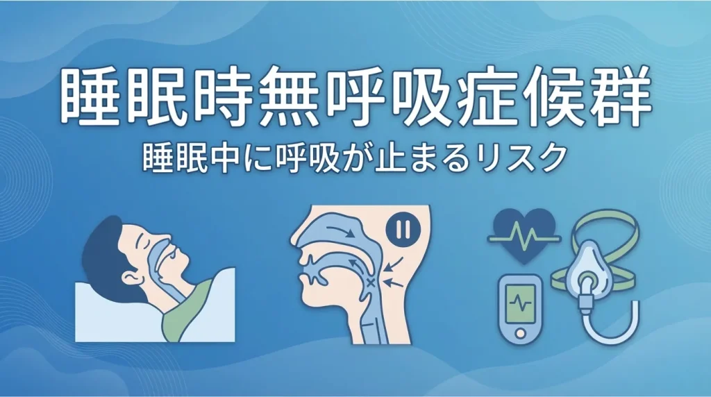 睡眠中の気道閉塞や呼吸停止、健康リスク、CPAP治療をイラストで示した睡眠時無呼吸症候群の解説画像