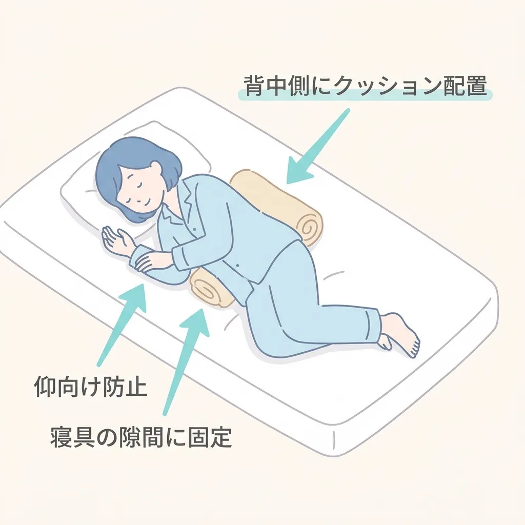 背中側にクッションやタオルを置く図解イラスト