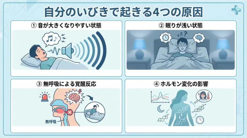 自分のいびきで起きる主な原因4つを図解した画像