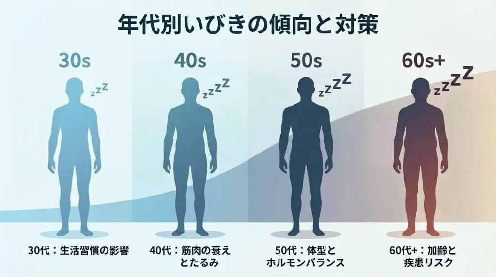 30代から60代以降までの加齢によるいびきの傾向と年代別対策を示した図
