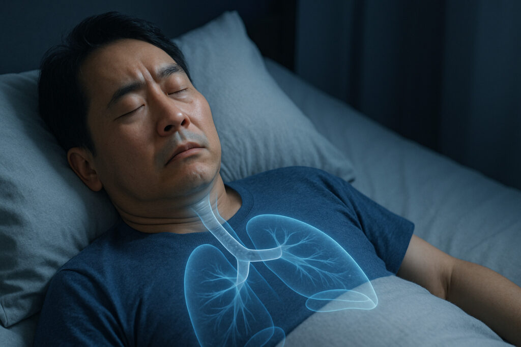 睡眠中に呼吸が止まる中年男性のイメージ｜睡眠時無呼吸症候群（SAS）を象徴