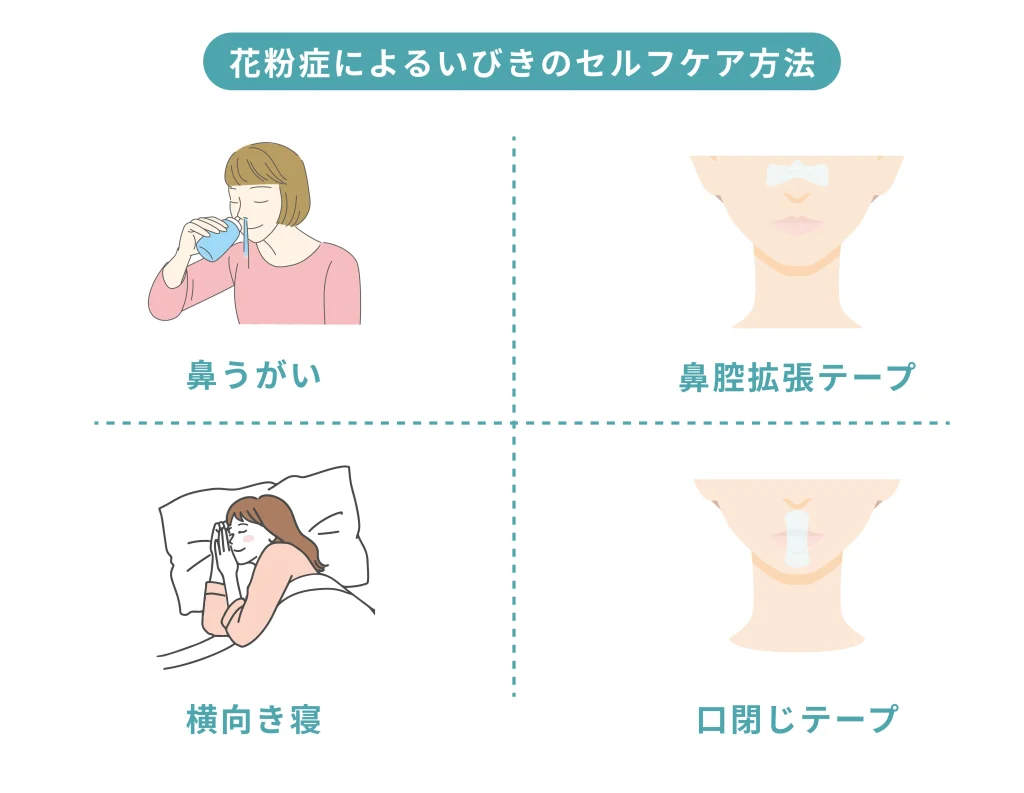 花粉症によるいびきのセルフケア方法を解説した図解。鼻うがい、鼻腔拡張テープ、口閉じテープ、横向き寝など、軽度から中等度向けの対策をイラストで紹介。