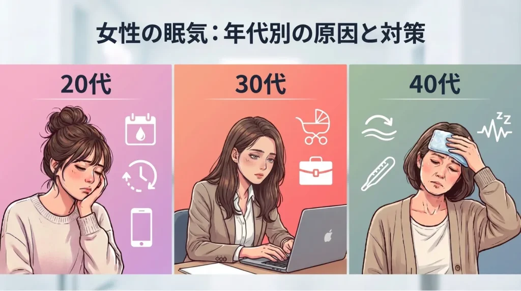 女性の眠気の原因を20代・30代・40代の年代別に分けて示したイラスト