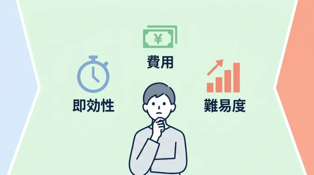 いびき対策の即効性・費用・難易度を比較し、自分に合う方法を検討するイメージ