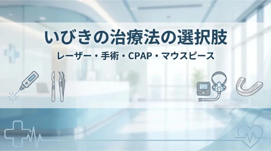 いびきの治療法としてレーザー治療やCPAP、マウスピースなどの選択肢を示した医療イメージ