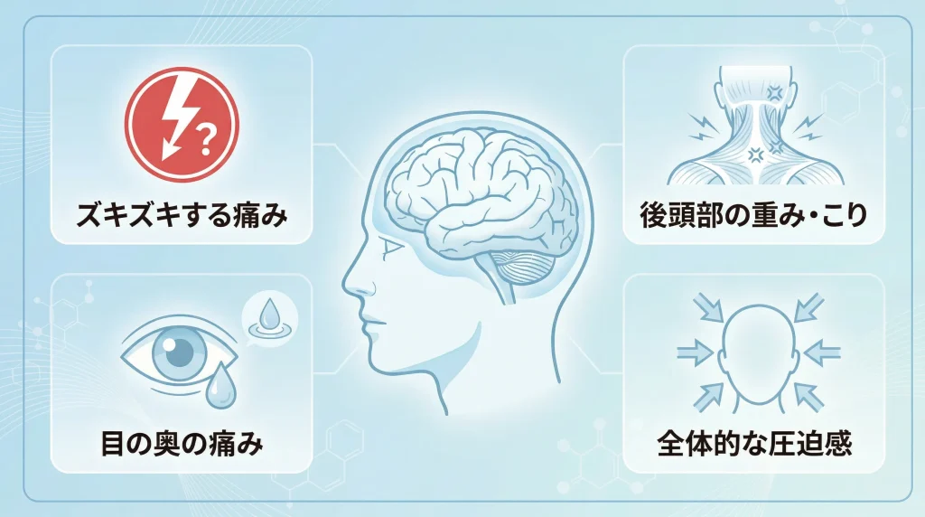 ズキズキする痛み、目の奥の痛み、後頭部の重さやこり、全体的な圧迫感など、頭痛の症状別の特徴を示した図