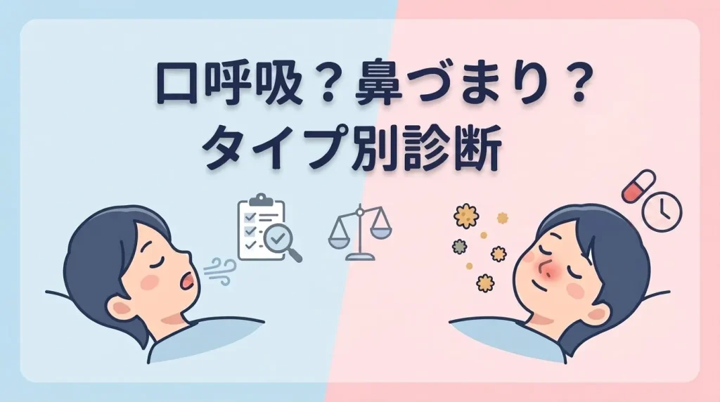 口呼吸と鼻づまりのタイプ別に、口テープと鼻テープの選び方を示すイラスト