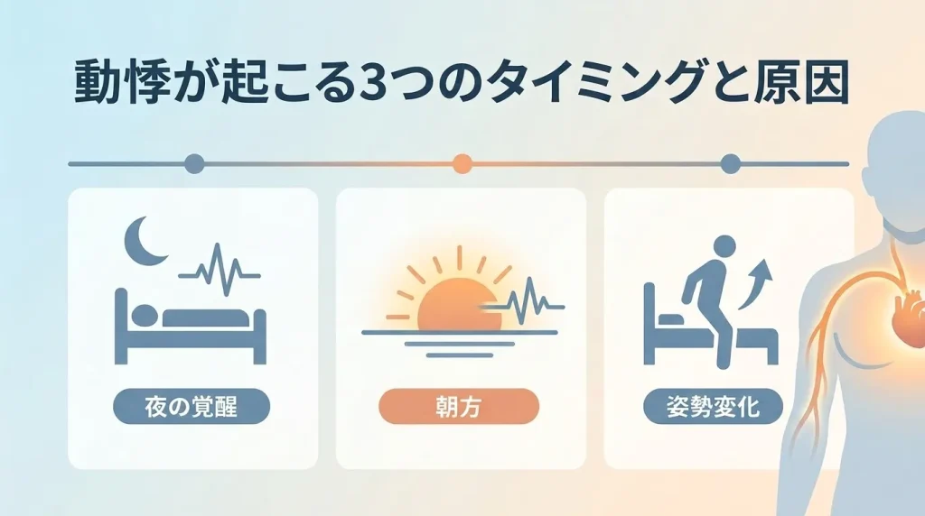 夜中・朝方・起き上がりの3つのタイミングで動悸が起こる原因を示した図