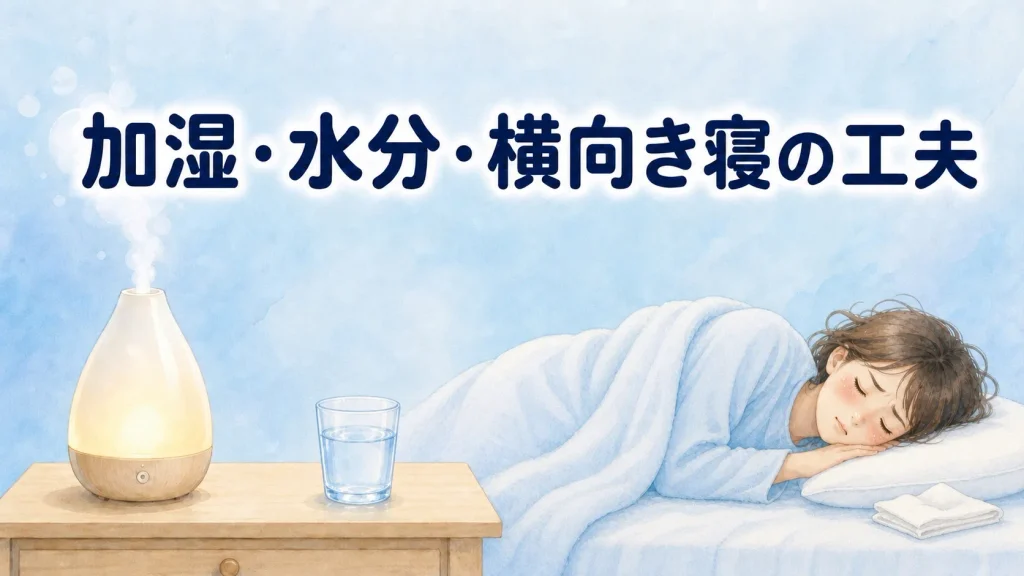 風邪による大人のいびき対策として、加湿・水分補給・横向き寝を示したイラスト