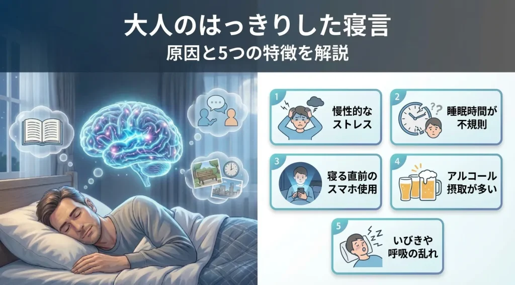 大人のはっきりした寝言について、原因と特徴を図解したイメージ画像