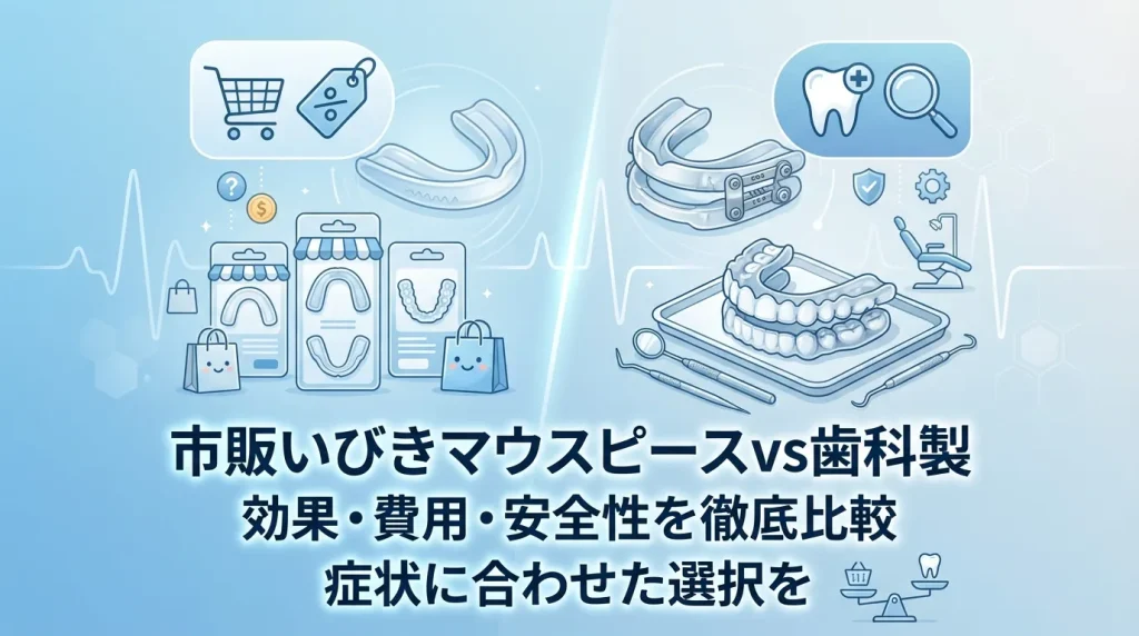 市販のいびきマウスピースと歯科製マウスピースを比較したイメージ。効果や費用、安全性の違いを示している