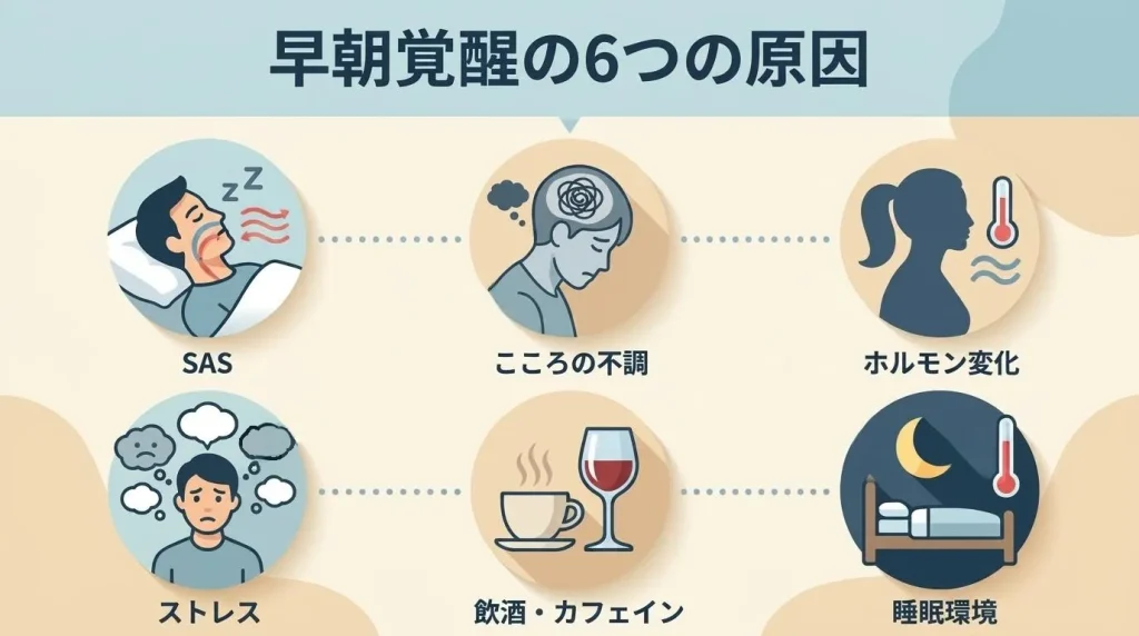 SAS・こころの不調・ホルモン変化・ストレス・飲酒やカフェイン・睡眠環境を示す図