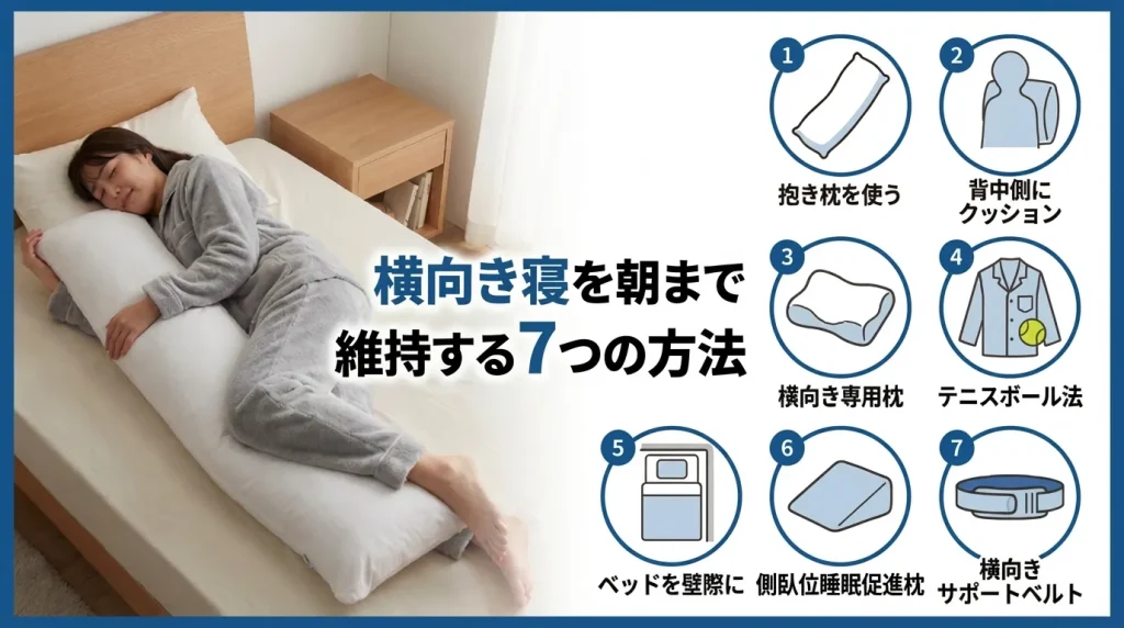 横向き寝を朝まで維持する方法として、抱き枕や背中クッションなど7つの工夫を紹介する画像