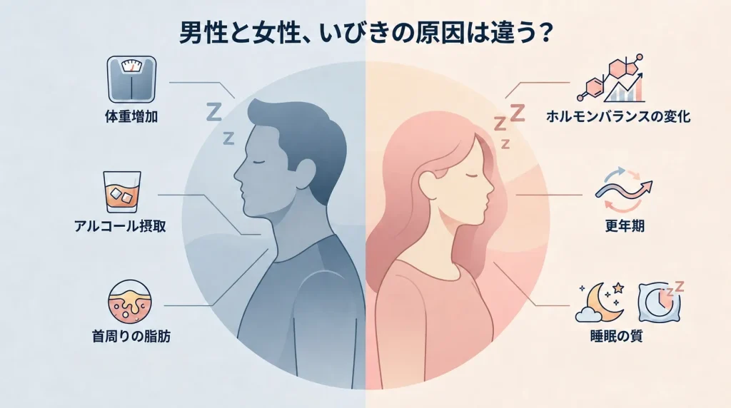 男性と女性で異なる加齢によるいびきの原因を比較したイラスト