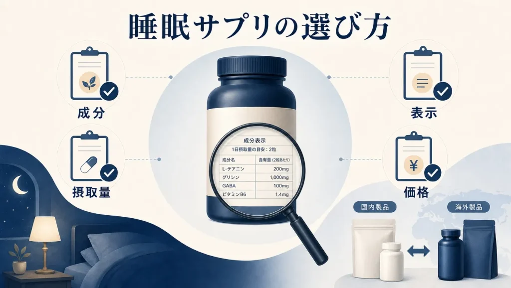 睡眠の質を上げるサプリメントを成分・摂取量・表示・価格から選ぶポイントと国内製品・海外製品の比較