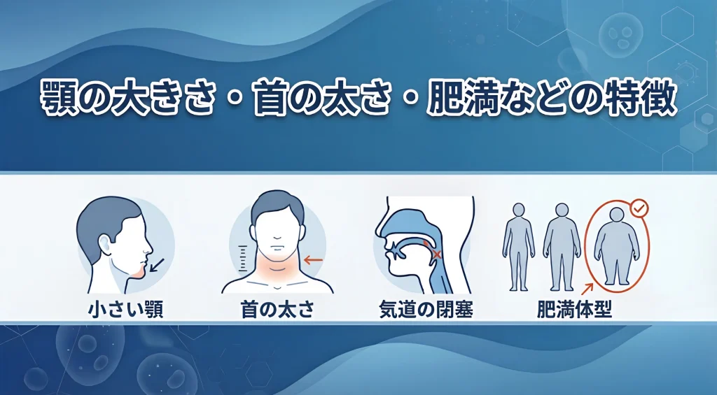 小さい顎、首の太さ、気道の閉塞、肥満体型など睡眠時無呼吸症候群と関連しやすい特徴を示した図解画像