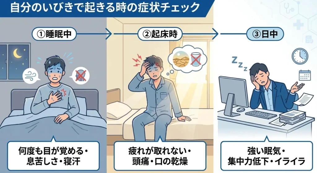 自分のいびきで起きるときの睡眠中・起床時・日中の症状をまとめた画像