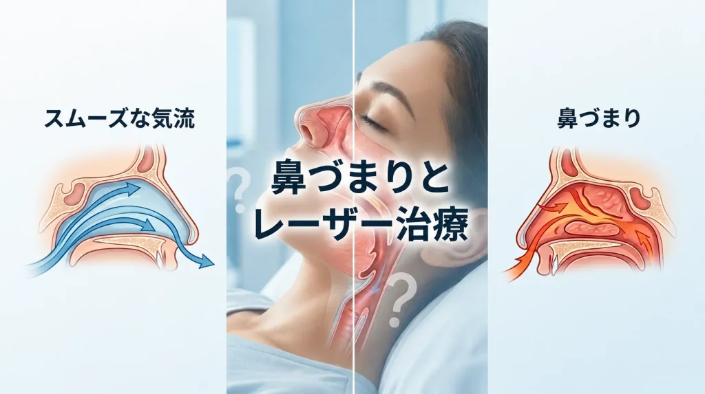 鼻づまりによるいびきにレーザー治療が有効かを鼻と喉の構造図で解説する画像