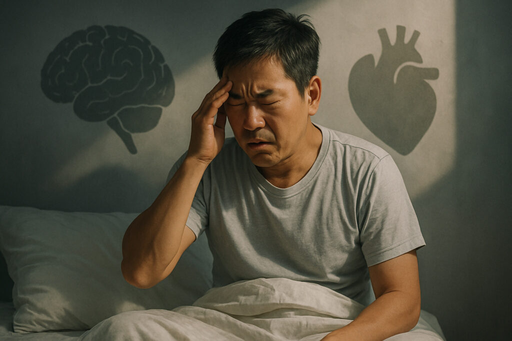 頭痛に悩む男性と、壁に映る脳と心臓の影のイメージ｜いびき放置による重大リスクを暗示