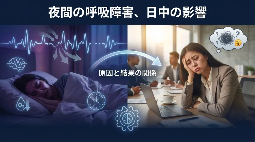 睡眠時無呼吸症候群による夜間の呼吸障害と日中の強い眠気の関係を示した画像
