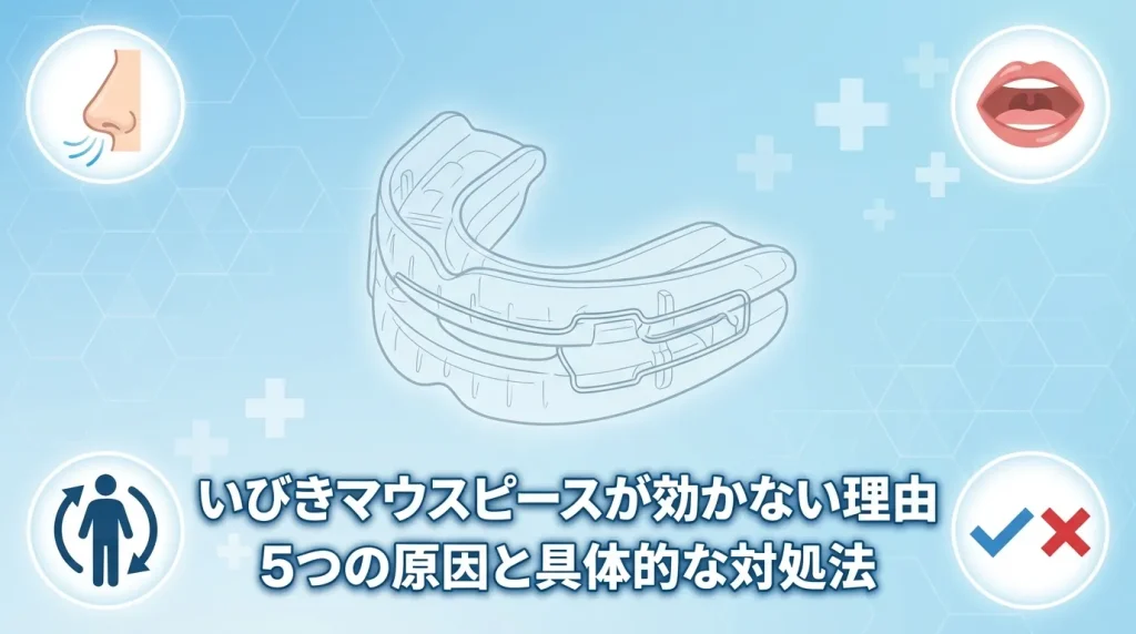 いびき治療マウスピースが効かない原因を示すイメージ。装着方法や症状の違いによる影響と対処法を解説