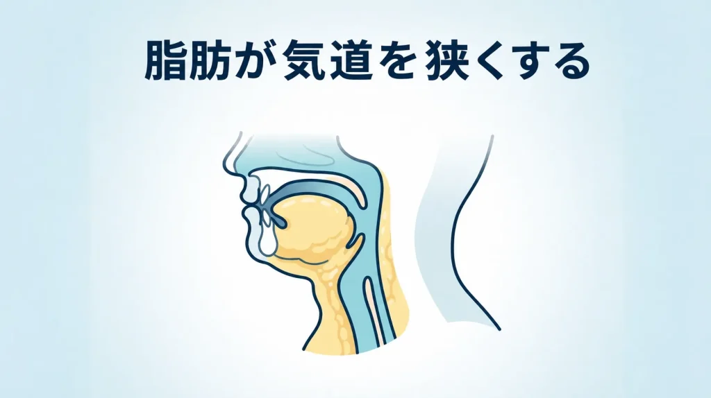 肥満による気道の狭まりと睡眠時無呼吸症候群への影響を説明する画像