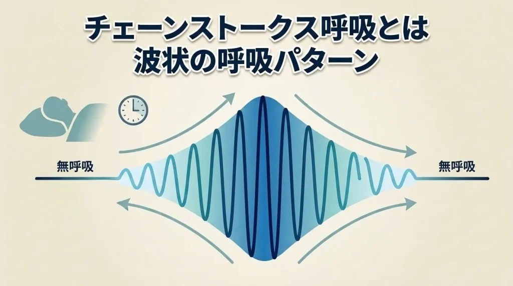 チェーンストークス呼吸とは何かを波状の呼吸パターンと無呼吸の変化で解説する図