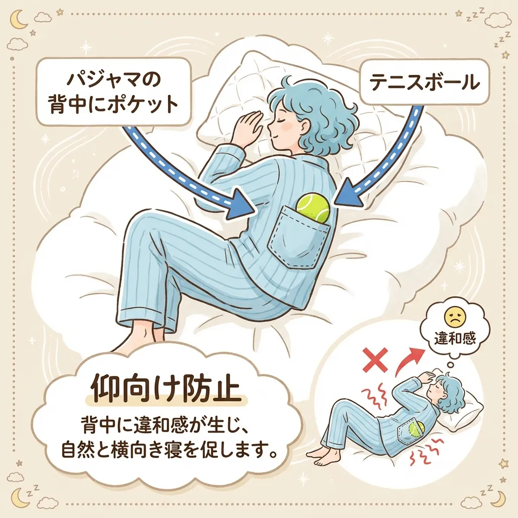 パジャマの背中部分にポケットを作り、テニスボールを入れる図解イラスト