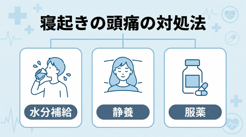 寝起きの頭痛への対処法として、水分補給・静養・服薬を示した図