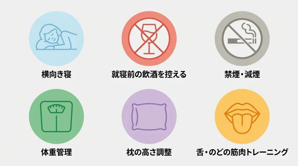 横向き寝や飲酒制限、禁煙、体重管理など今夜からできるいびき対策の生活習慣改善6選