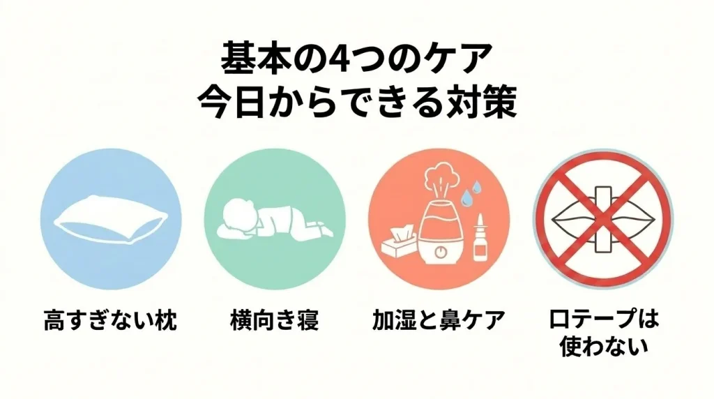 枕の高さや横向き寝、加湿、鼻づまりケアなど、家庭でできる子供のいびき対策を示した画像