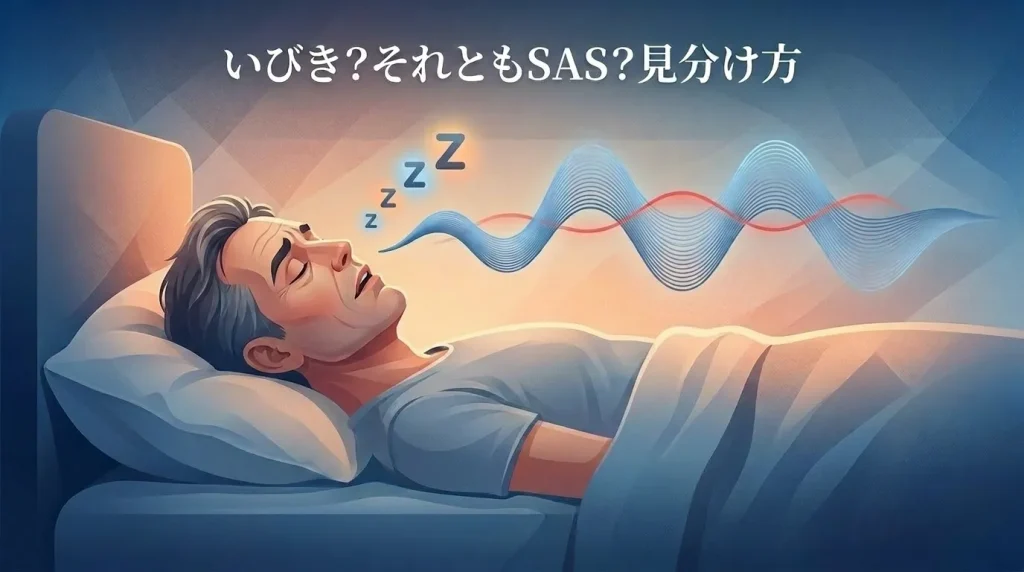 加齢によるいびきと睡眠時無呼吸症候群SASの違いを見分ける睡眠中の男性のイラスト