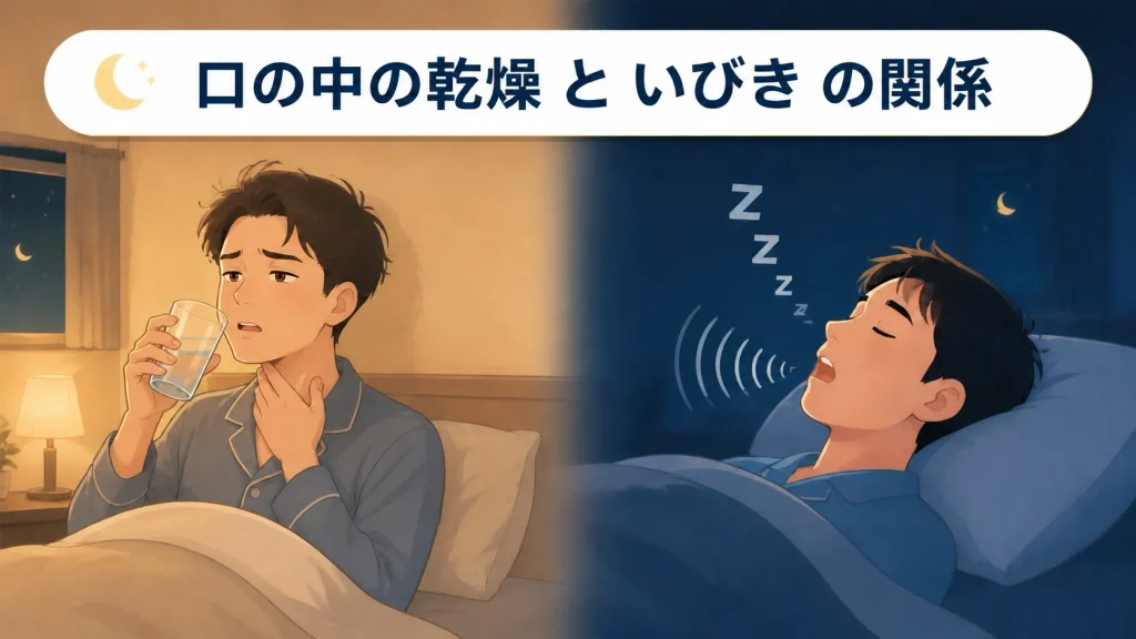夜の喉の渇きといびきの関係を、口呼吸による乾燥や見分け方・記録・治療の観点から解説