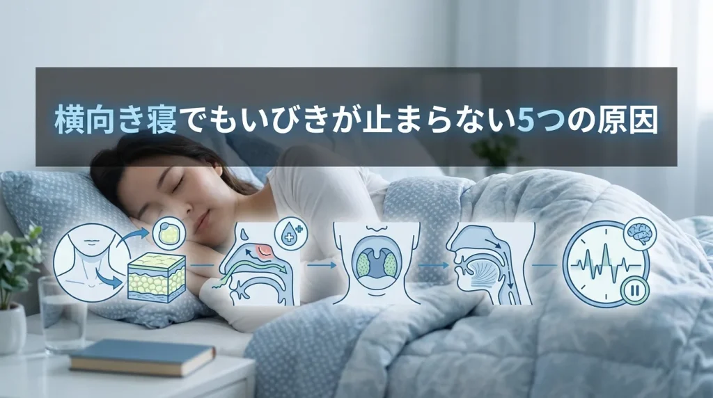 横向き寝でもいびきが止まらない原因として、首周りや鼻腔、喉などの要因を示した解説画像