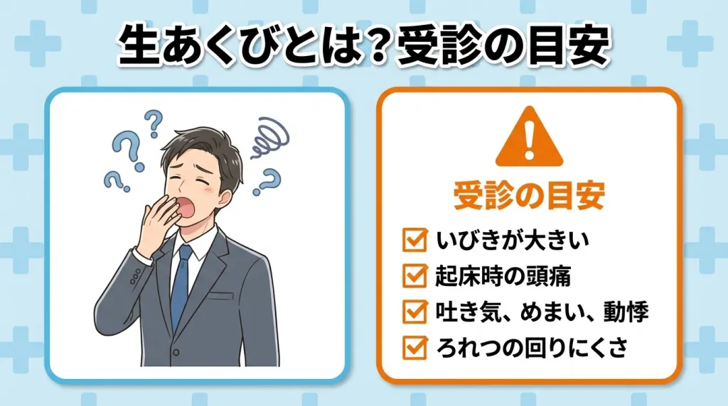 眠くないのに続く生あくびのイメージと、いびき・起床時の頭痛・吐き気やめまい・ろれつの回りにくさなど受診の目安を示した図