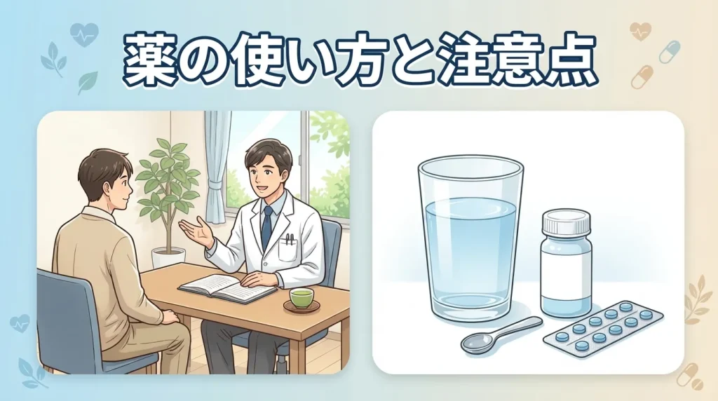 眠れない時の薬について、医師への相談場面と服薬のイメージを用いて市販薬と処方薬の基本を示した画像