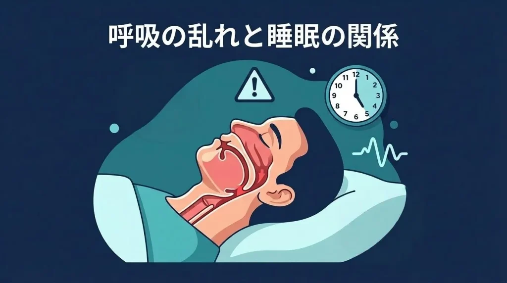 睡眠中の気道の狭まりと呼吸の乱れを示す男性のイラスト