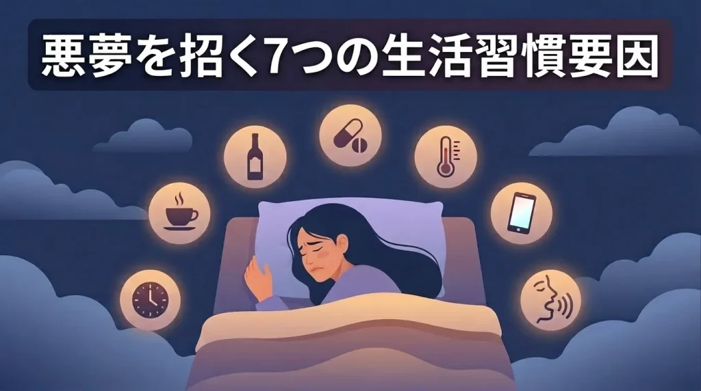 睡眠時間や飲酒、薬、発熱、スマートフォンなど悪夢を招く生活習慣要因のイラスト