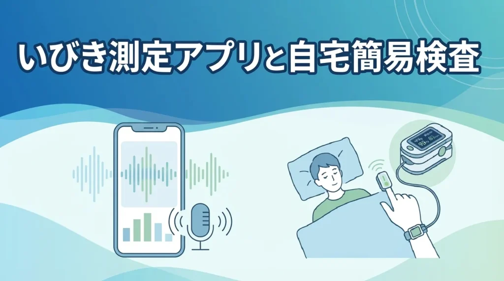 スマートフォンのいびき測定アプリと、自宅で行う簡易検査機器の使い分けを説明するイラスト画像