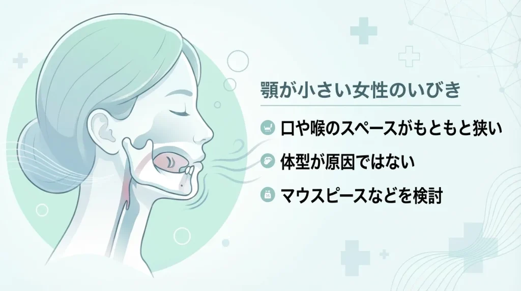顎が小さい女性の口や喉の構造と、いびきの原因を示した図解イメージ