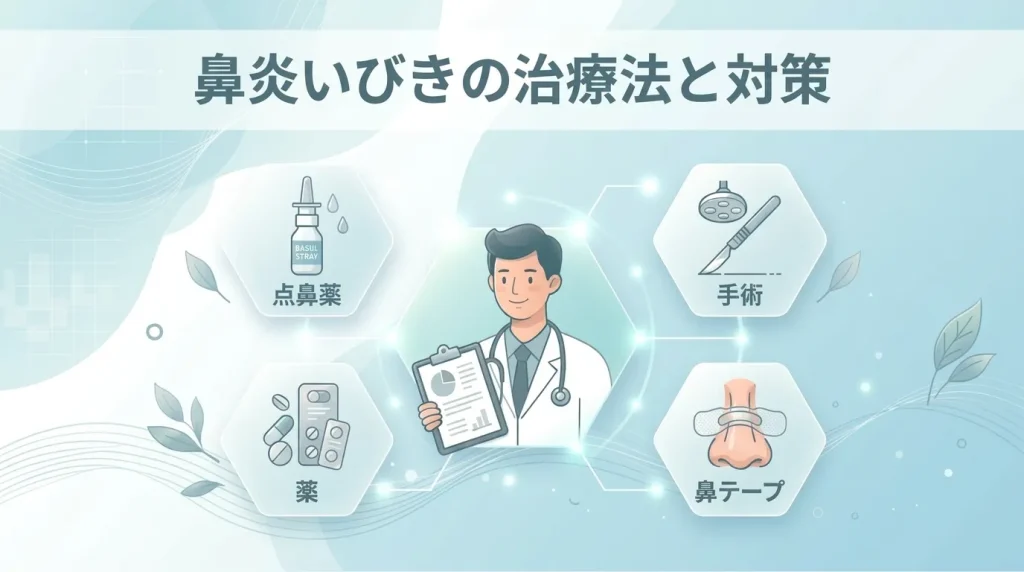鼻炎に伴ういびきの治療や対策を、点鼻薬・薬・手術・鼻テープで比較したイメージ