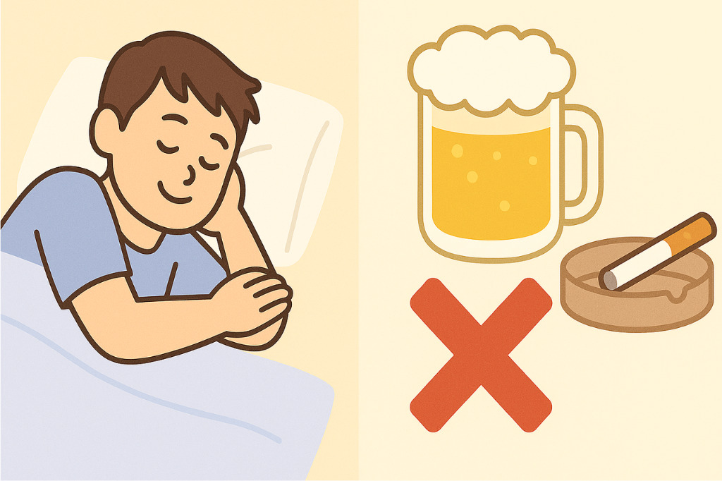 横向きに寝る人物と、控えめな飲酒・喫煙を象徴するイラスト｜家庭でできるいびき・頭痛対策