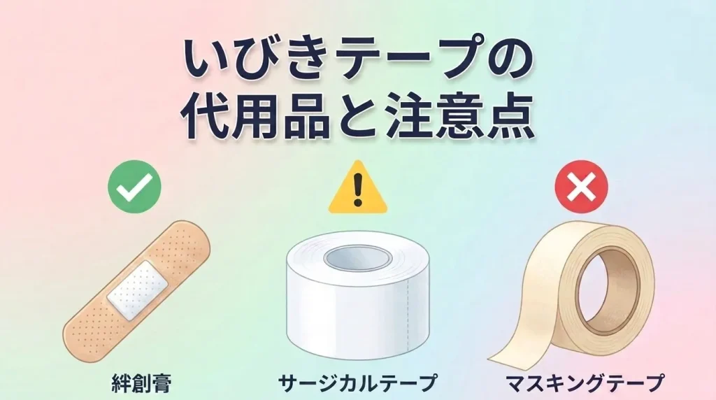 いびきテープの代用品として、絆創膏・サージカルテープ・マスキングテープの適否を比較するイラスト