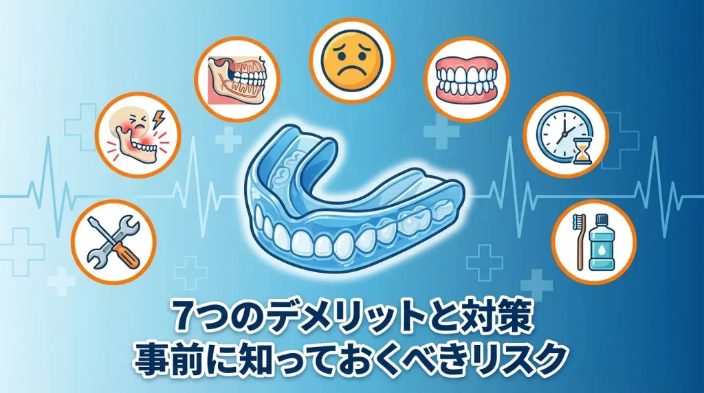 いびき治療マウスピースのデメリットを示すイメージ。顎や歯への影響、違和感などのリスクと対策を解説